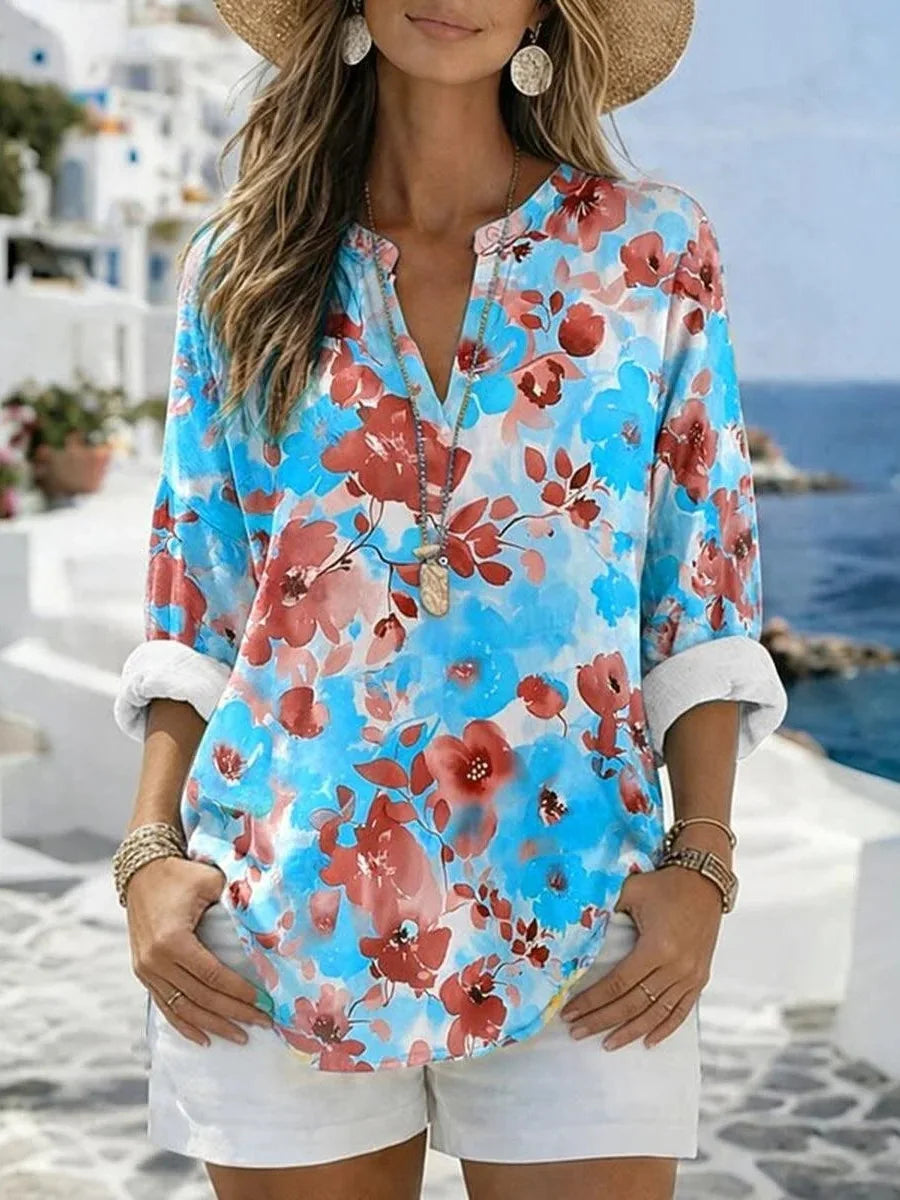 Floral Print Roll-Tab 3/4 Sleeve V-Neck Top