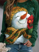 Christmas Snowman Print Round Neck Long Sleeve Sweatshirt