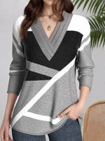 Color Block Casual V-neck Long Sleeve Blouse