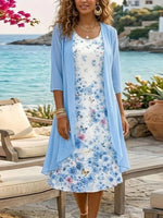 Blue Floral Print Chiffon Two-Piece Midi Dress