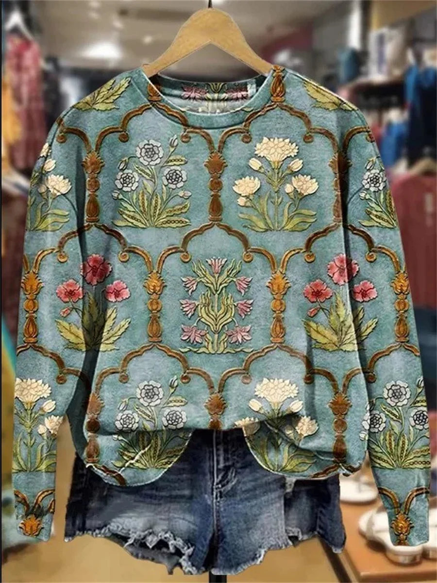 Floral Print Round Neck Long Sleeve Sweatshirt