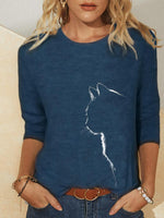Solid Cat Printed Long Sleeve Round Neck Casual Blouse
