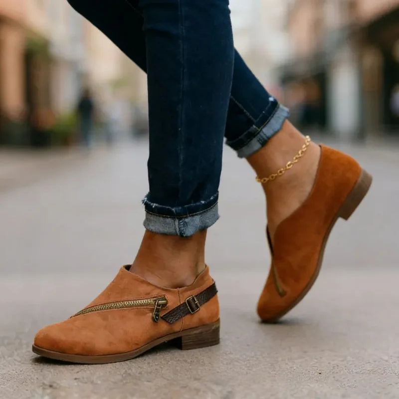 Women's Casual Retro Round-Toe Low-Heel Zipper Boots