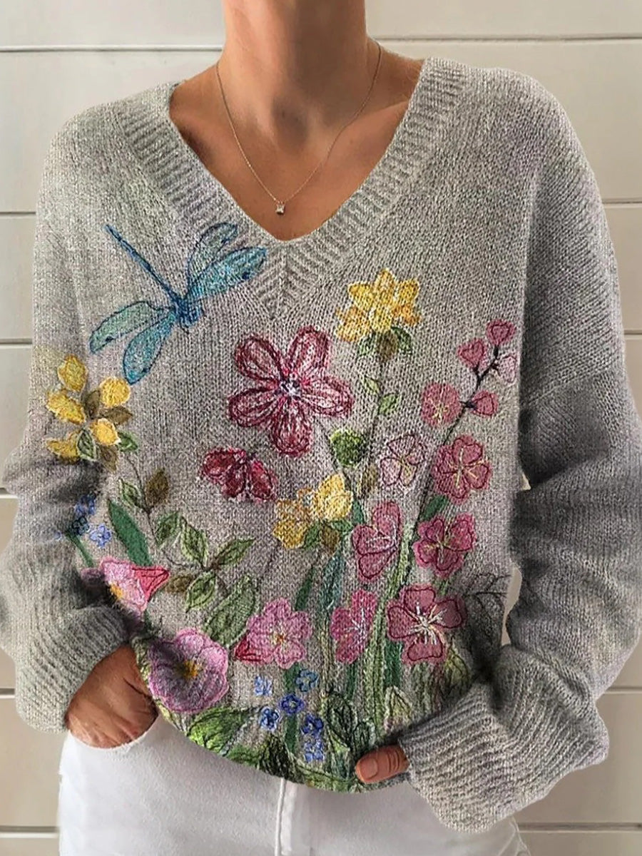 Grey V-Neck Long Sleeve Sweater