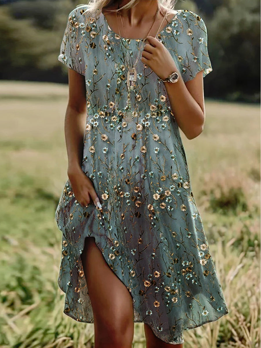 Floral Print Round Neck Short Sleeve Dress