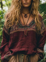 Vintage Ethnic Print Long Sleeve Blouse