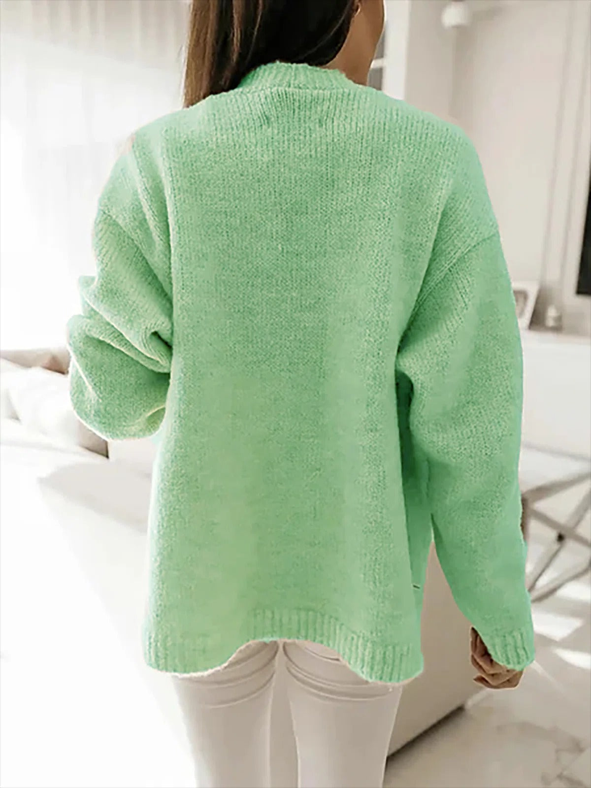 Green Casual Lapel Solid Long Sleeve Sweater