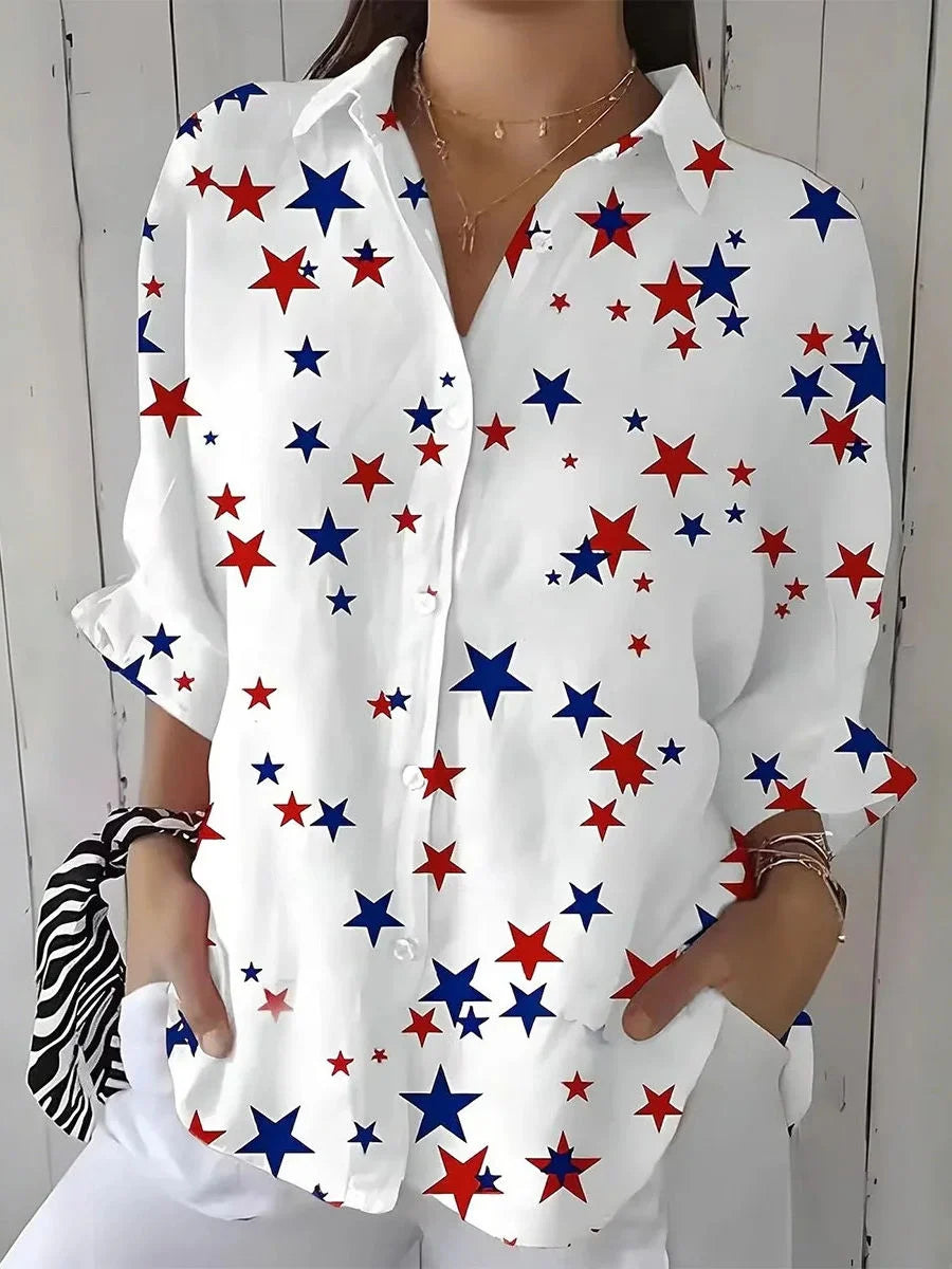 Red Blue Star Print Roll Sleeve Button Shirt