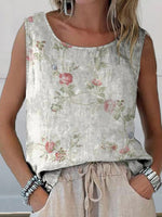 Retro Floral Art Print Casual Cotton And Linen Tank Top