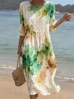 Vintage Ink Art Pattern Loose Round Neck 3/4 Sleeve Dress