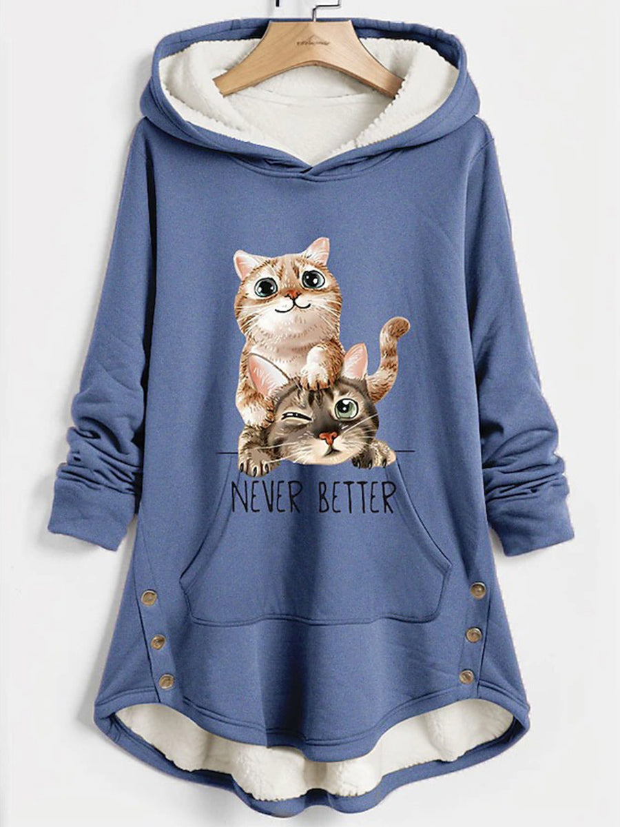 Blue Funny Cat Print Buttoned Pocket Hoodie
