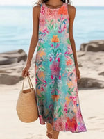 Casual Round Neck Floral Print Sleeveless Midi Dress