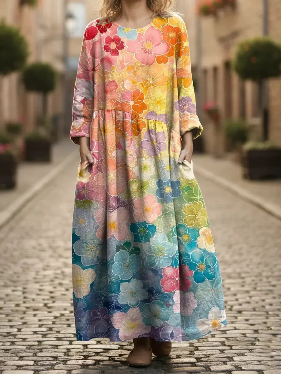 Women's Colorful Gradient Flowers Print Pocket Round Neck Long Sleeve Dress