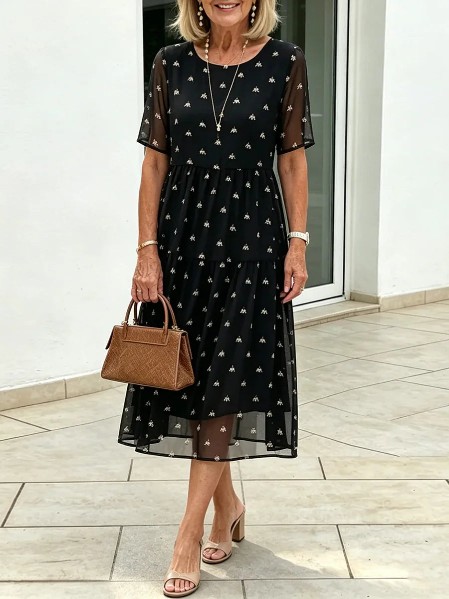 Black Bee Print Round Neck Short Sleeve Mesh Tiered Midi Dress