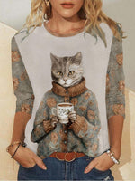 Long Sleeve Round Neck Cat Printed Casual T-Shirt