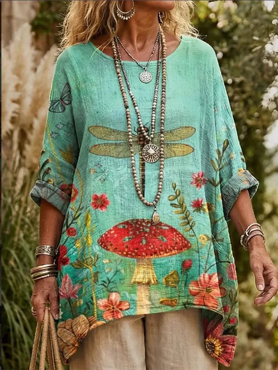 Mushroom Dream Round Neck Long Sleeve Pocket Top