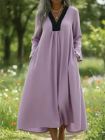 Retro Cozy Color-blocked V-neck Long Sleeve Dress