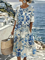 Blue Floral Print Round Neck Short Sleeve Midi Dress
