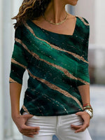 Green Casual V Neck Stripe Long Sleeve Blouse