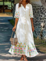 Boho Romantic Buttoned V Neck Maxi Dress