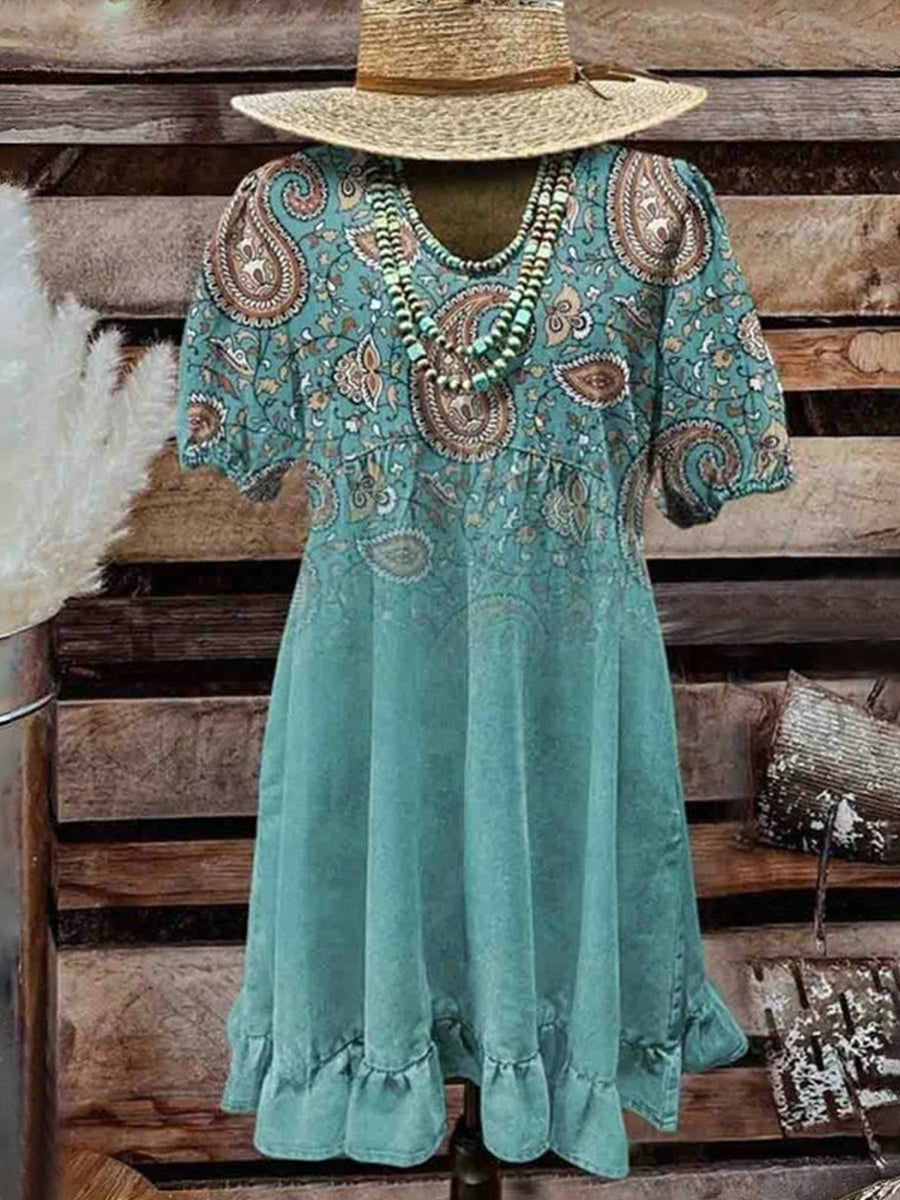 Vintage Ethnic Print Round Neck Short Sleeve Dress