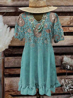 Vintage Ethnic Print Round Neck Short Sleeve Dress