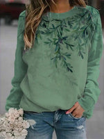 Green Casual Graphic Tops Round Neck Leaves Printed Long Sleeve Sweatshirts