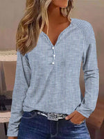 Striped Button Print Long Sleeve Daily T-shirt