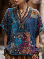 Vintage Floral Print V-neck Short Sleeve Blouse