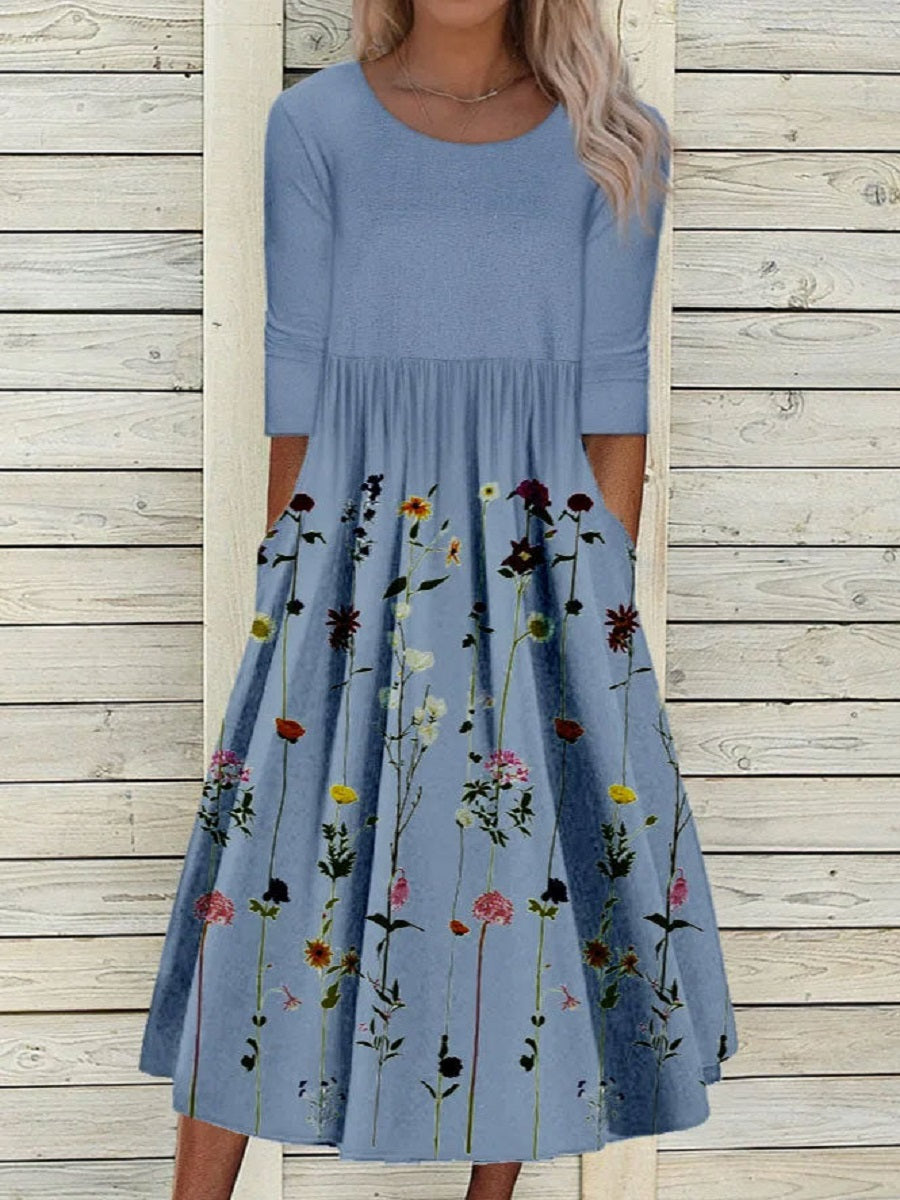 Blue Casual Round Neck Floral Printed Half Sleeve Dresses