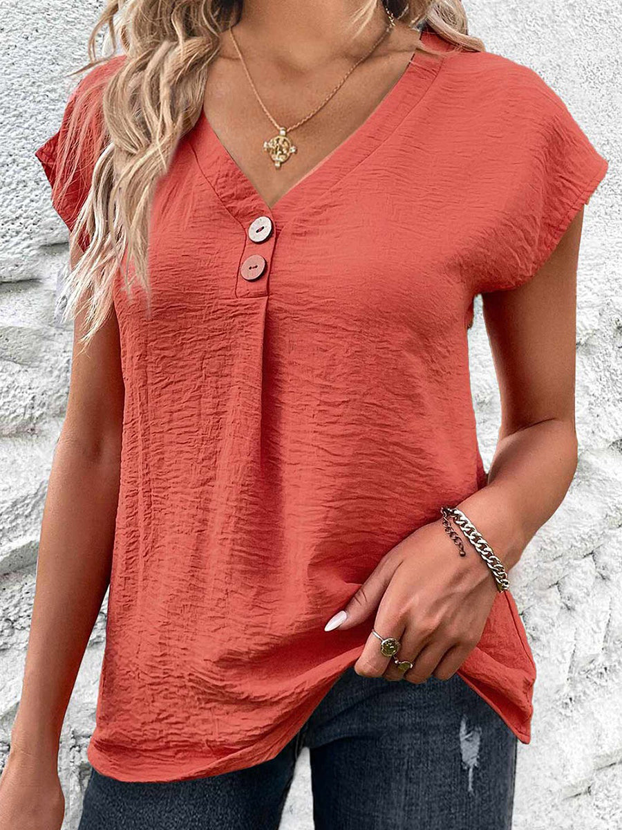 Button Coral V Neck Short Sleeve Blouse