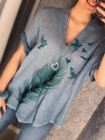Casual Print Feather V-neck Short Sleeve Overhead Blouse