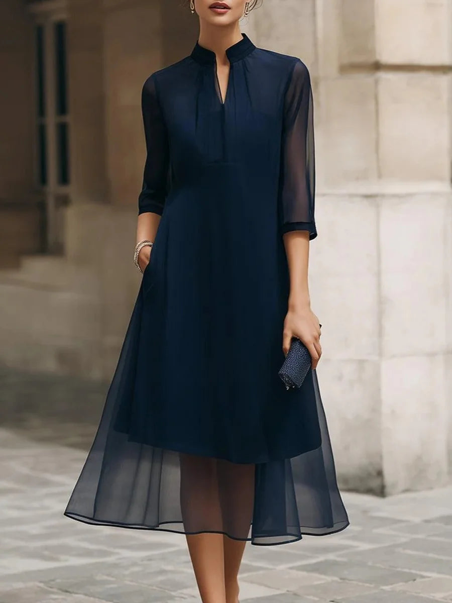 Elegant Blue Plain Chiffon 3/4 Sleeve Midi Dress