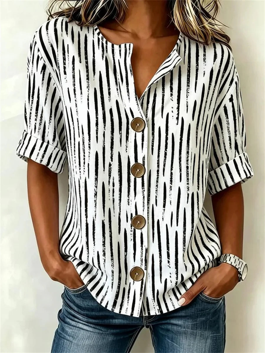 Black Brushstroke Stripe Button-Front Short Sleeve Blouse