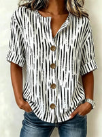 Black Brushstroke Stripe Button-Front Short Sleeve Blouse