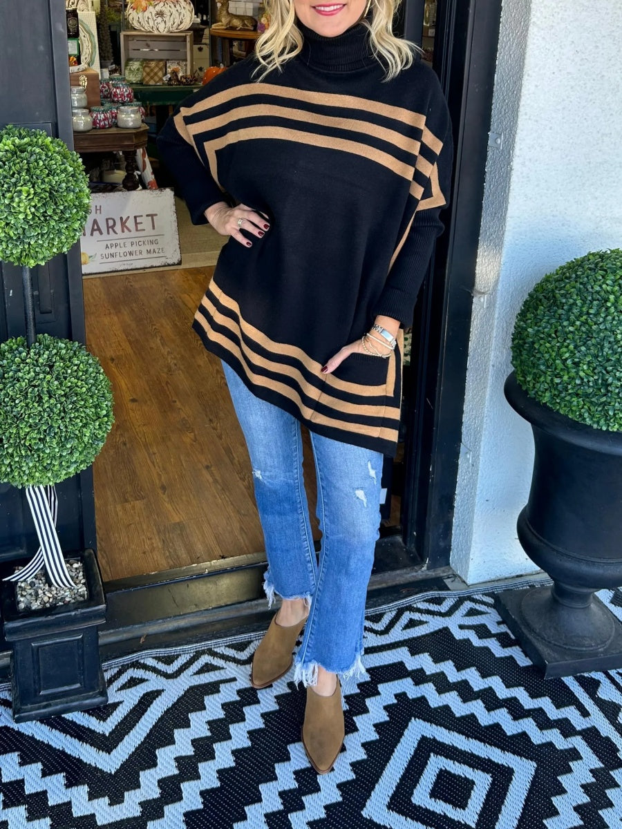Turtleneck bat sleeve striped sweater