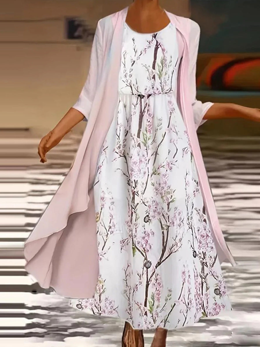 Sweet Pink Floral Print Round Neck 3/4 Sleeve Maxi Dress With Outerwear