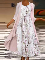 Sweet Pink Floral Print Round Neck 3/4 Sleeve Maxi Dress With Outerwear