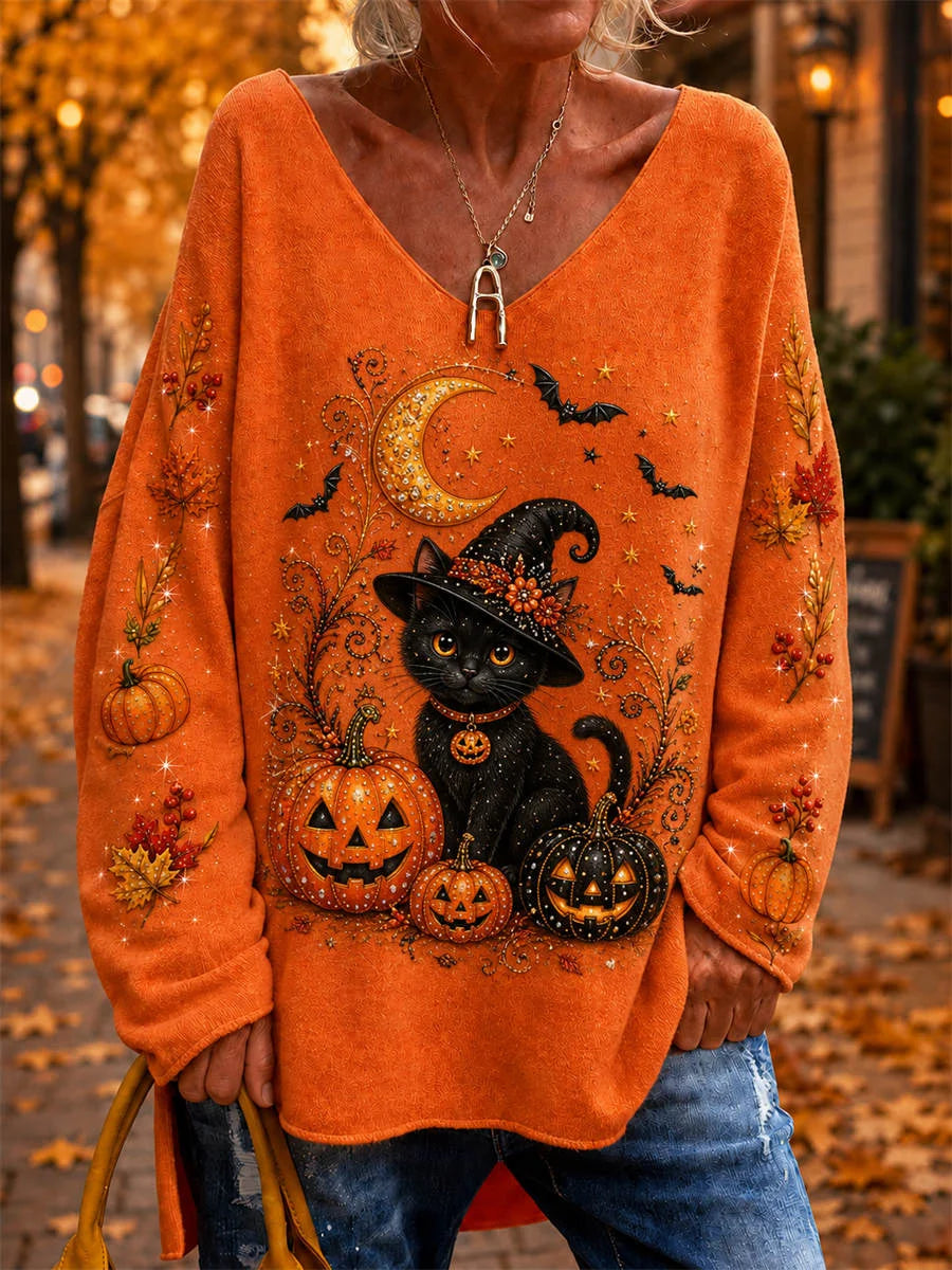 Printing Loose Maple Leaf Elegant V-neck Long Sleeve Knit Top