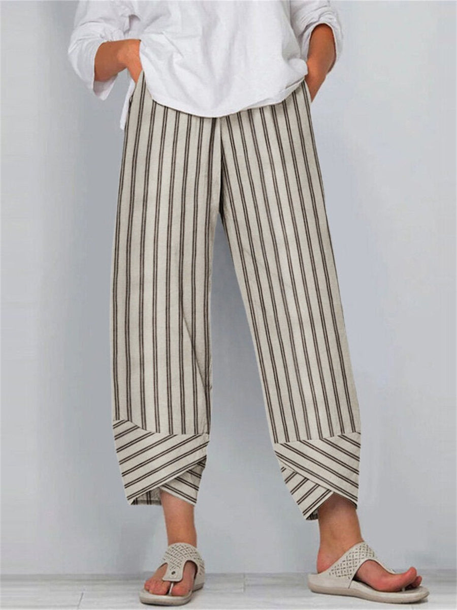Brown Striped Irregular Cuff Cropped Pants