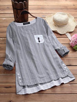 Side Buttons Stripe Cat Embroidered Patchwork Vintage Blouse