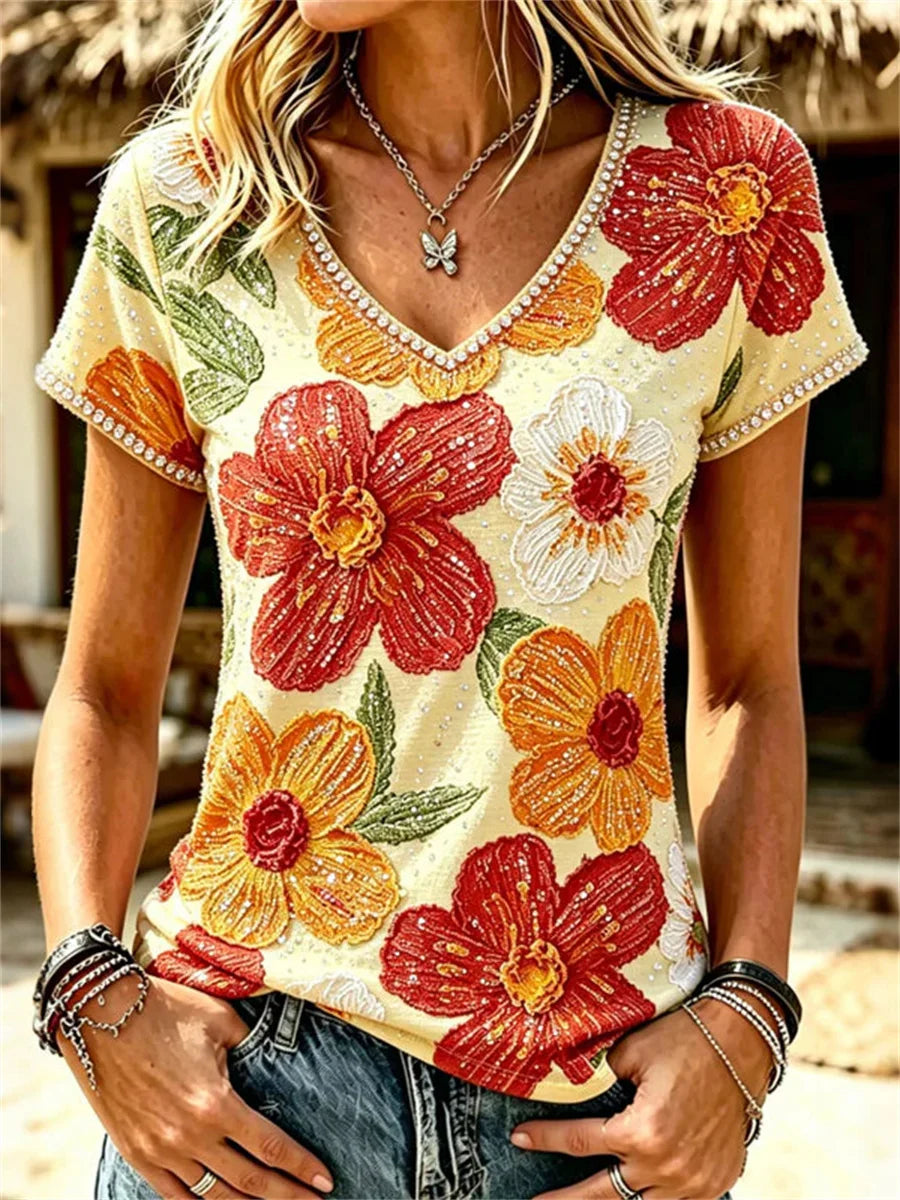 Vintage Floral Print V-neck Short Sleeve T-Shirt