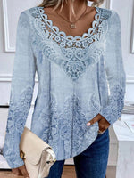 Chic Crew Neck Long Sleeve Lace Loose Blouse
