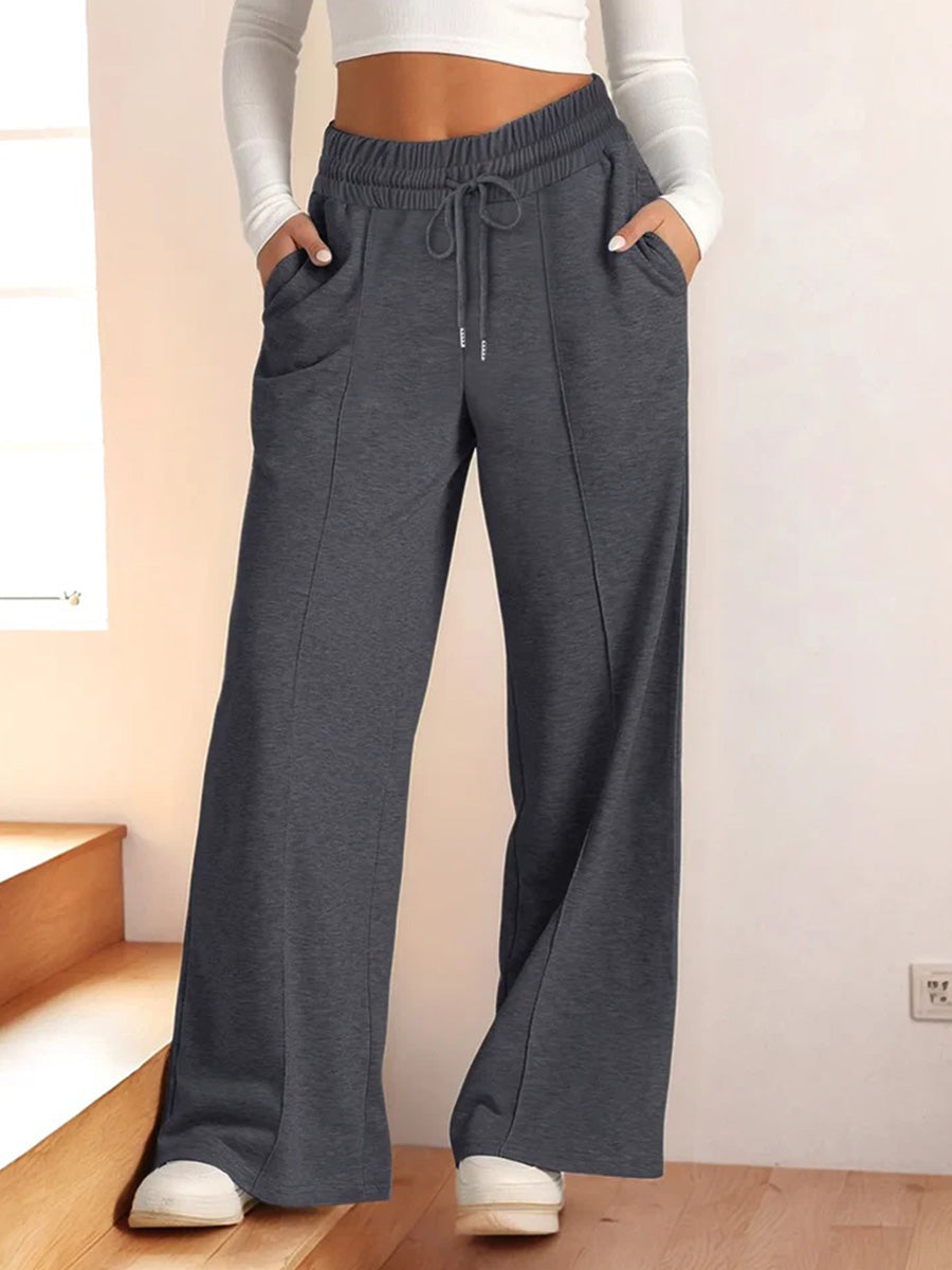 Plain Drawstring Relaxed Fit Wide Leg Pants