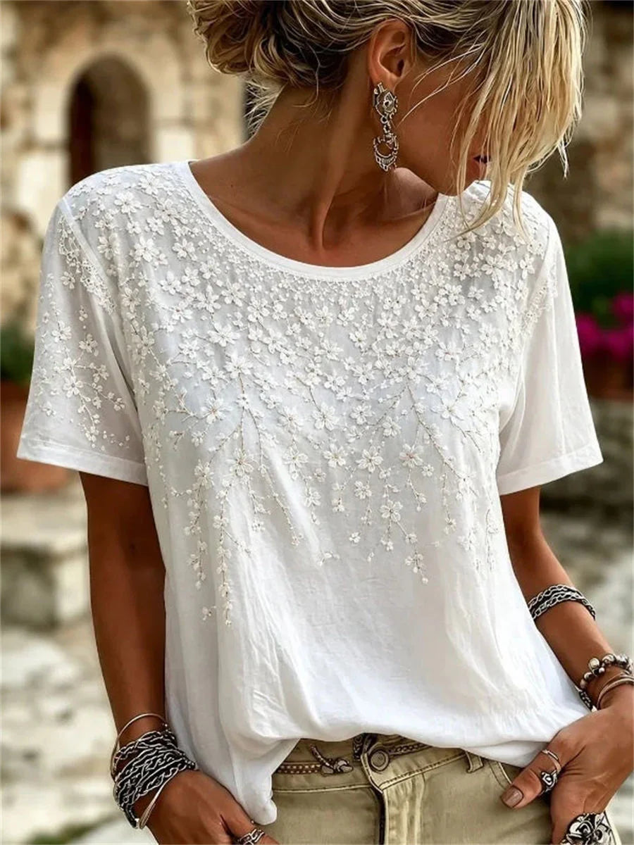 Vintage Floral Print Round Neck Short Sleeve Blouse