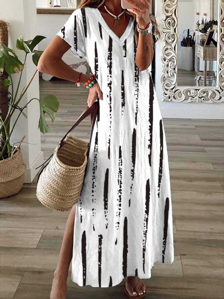 Casual V-neck Short Sleeve Striped Maxi Dress