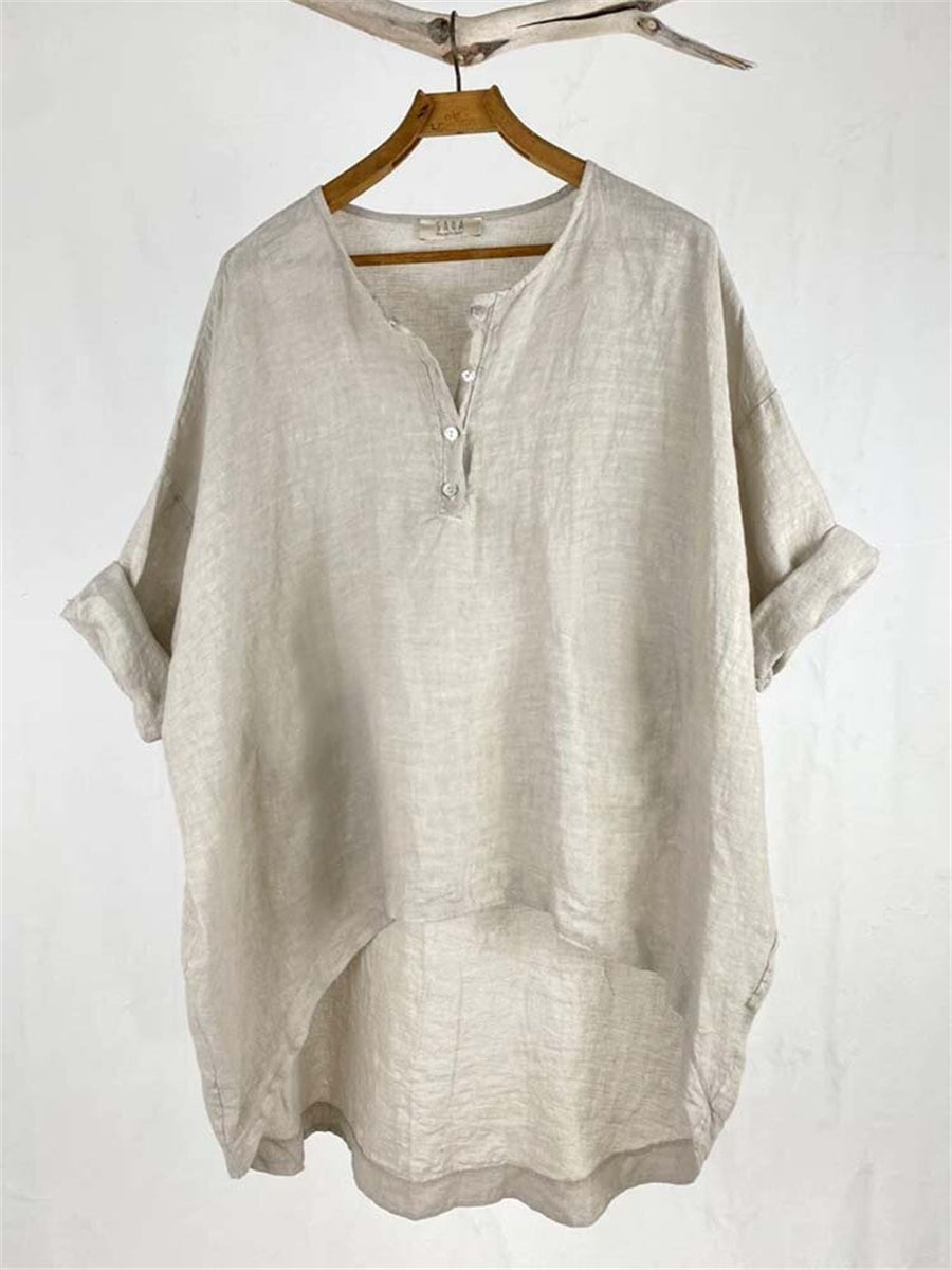 Khaki V Neck High-Low Hem Long Sleeve Blouse