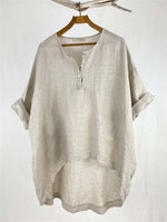 Khaki V Neck High-Low Hem Long Sleeve Blouse
