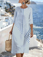 Blue Striped Round Neck 3/4 Sleeve Midi Dress