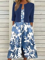 Floral Printed Crew Neck Half Sleeve Casual Two Piece Midi Dress
